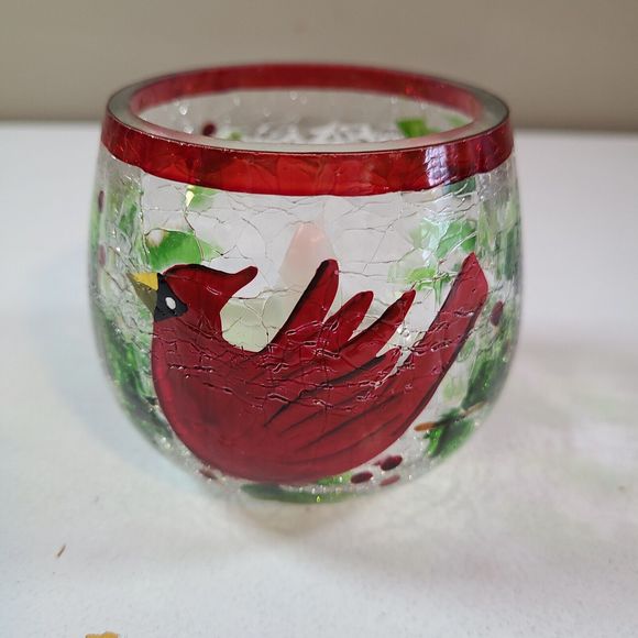 Cardinal With Holly Crackle Glass Votive Tea Light Candle Holder hanpain… - Picture 3 of 12
